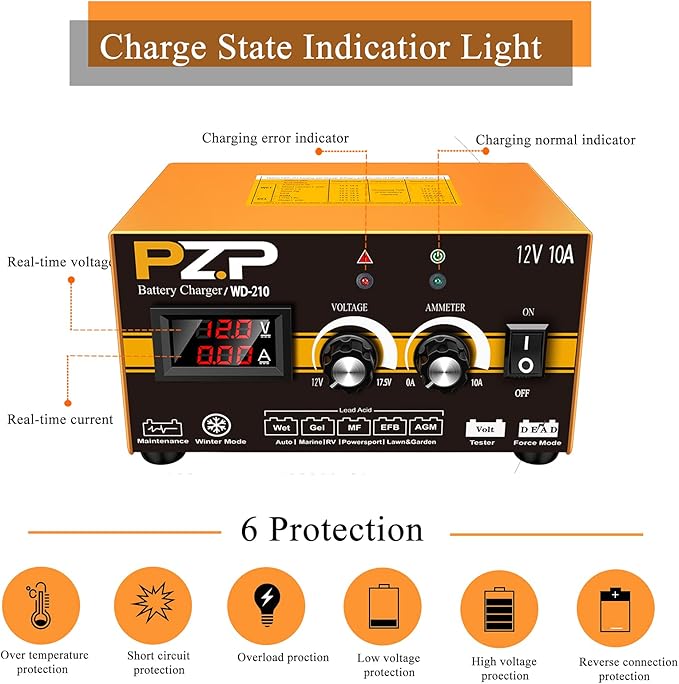 PZP 12V Manual Battery Charger Maintainer, 0 to 10A Arbitrarily Adjustable Car - Image 8