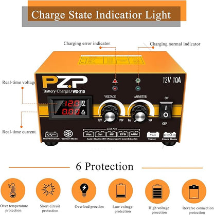PZP 12V Manual Battery Charger Maintainer, 0 to 10A Arbitrarily Adjustable Car - Image 8