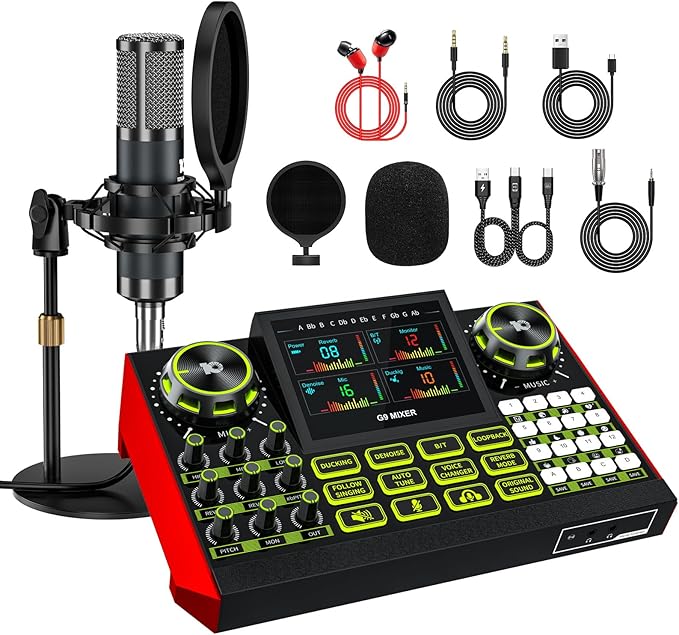 Podcast Microphone Bundle with Live Sound Card Audio Mixer, Podcast Equipment by tenlamp