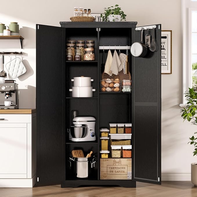 Tall Storage Cabinet with Adjustable Shelves, Farmhouse Pantry Organize with 2 - Image 5