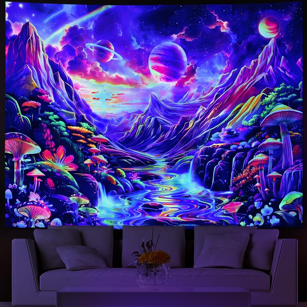 Lahasbja Blacklight Galaxy Planet Tapestry UV Reactive Mushroom Wall Hanging Fantasy Starry Stars Mountain Landscape Blacklight Poster Rainbow River Scenery Background for Bedroom