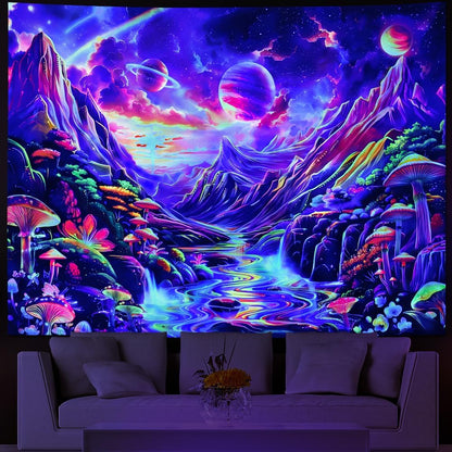 Lahasbja Blacklight Galaxy Planet Tapestry UV Reactive Mushroom Wall Hanging Fantasy Starry Stars Mountain Landscape Blacklight Poster Rainbow River Scenery Background for Bedroom