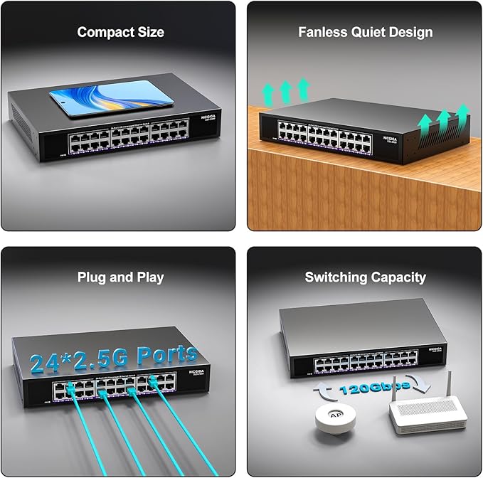 24 Port 2.5Gb Ethernet Switch Unmanaged, NICGIGA 24 Port 2.5G Network Switch - Image 6