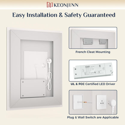 Keonjinn 24x36 Inch LED Bathroom Mirror with Lights, Frontlit & Backlit | Lighted Bathroom Mirror, 3-Color Temperature & Stepless Dimmable Lighting, Fast & Safe Defogging, Effortless Installation