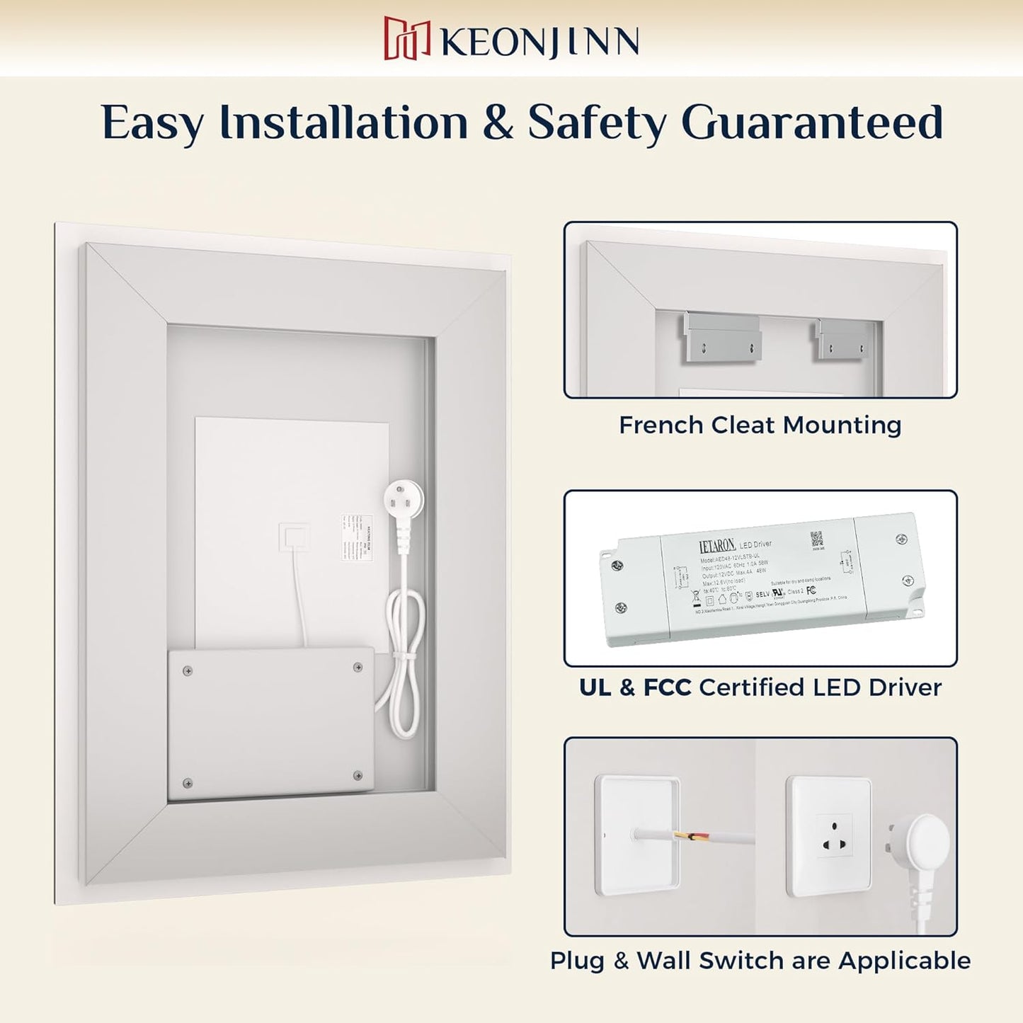 Keonjinn 40x30 Inch LED Bathroom Mirror with Lights, Frontlit & Backlit | HD Tempered Grass, 3-Color Temperature & Stepless Dimmable Lighting, Fast & Safe Defogging, Effortless Installation
