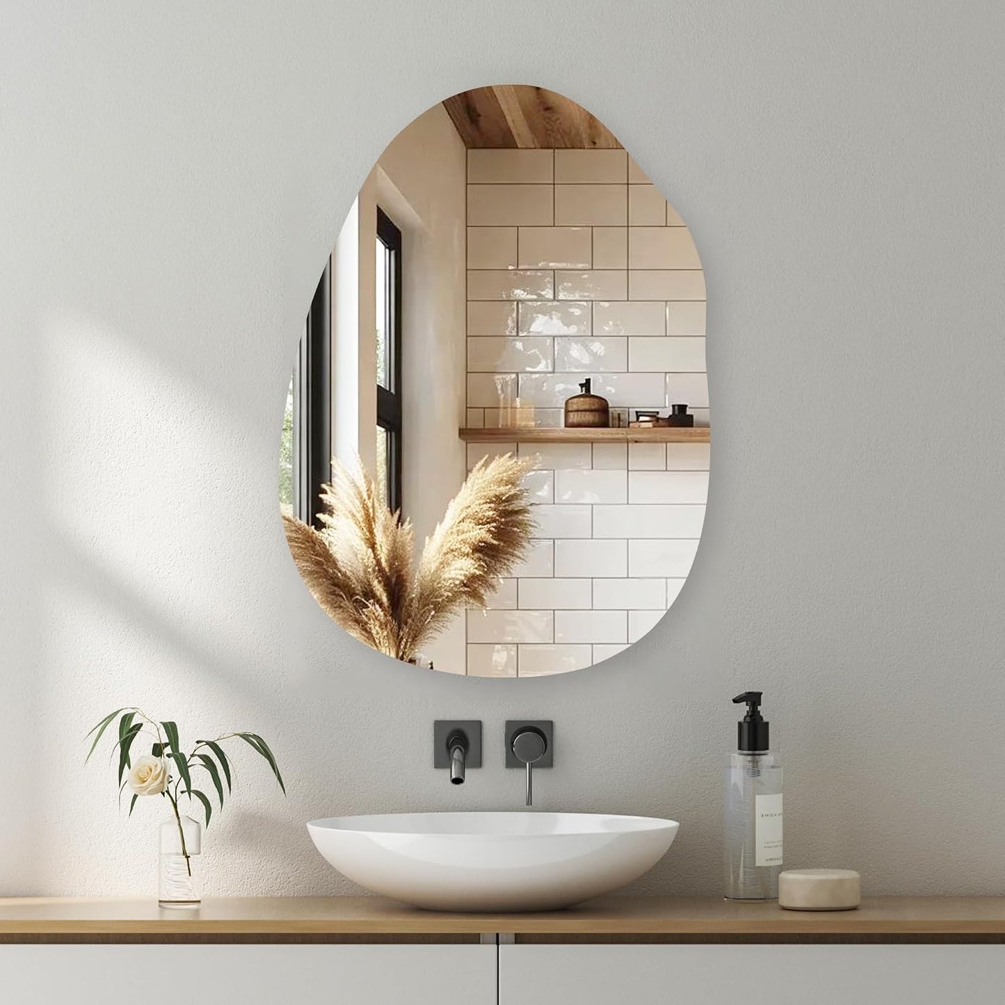 22x30 Inch Irregular Black Framed Wall Mirror for Bathroom | 22x30 Inch Irregular Wall Mirror, Thin Narrow Black Minimalist Frame, Creative Asymmetrical Wall Mount Decor Mirror