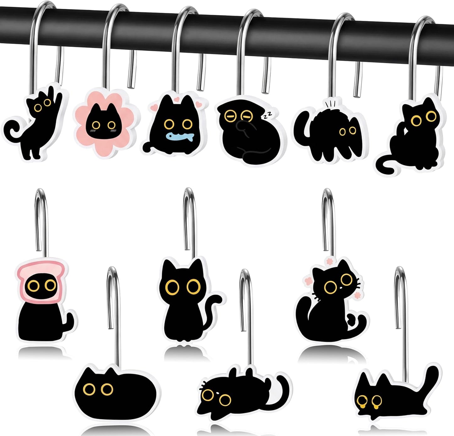 MALLMALL6 12Pcs Black Cat Shower Curtain Hooks Metal Rustproof Funny Decorative Pendants with Pink Flower Bread Fish for Bathroom Bedroom Room Home Lovely Decor Accessories Stainless Curtain Rings