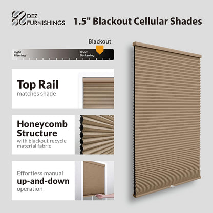 DEZ FURNISHINGS Cordless 1.5" Blackout Cellular Shade, Energy Saver, 25" W x 72" H, Latte