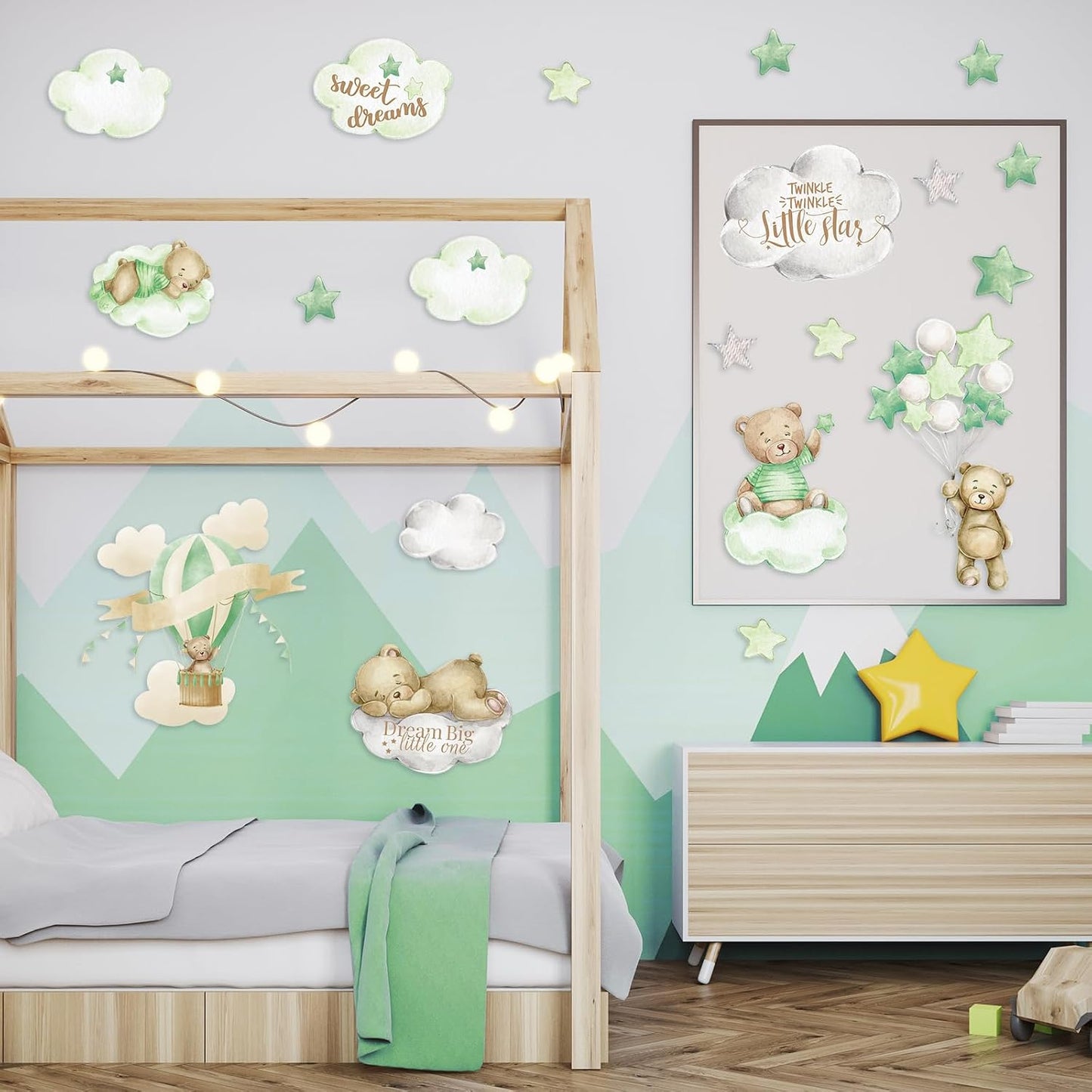 Yinder 12 Sheet 78 Pcs Bear Highland Cow Wall Decals Cute Highland Cow Sticker Nursery Baby Wall Decor for Kids Girls Boys Baby Room Bedroom(Sage Green Bear)