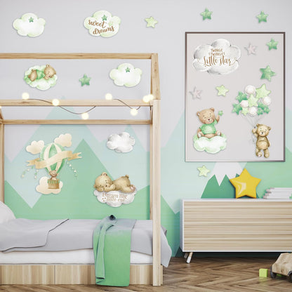Yinder 12 Sheet 78 Pcs Bear Highland Cow Wall Decals Cute Highland Cow Sticker Nursery Baby Wall Decor for Kids Girls Boys Baby Room Bedroom(Sage Green Bear)
