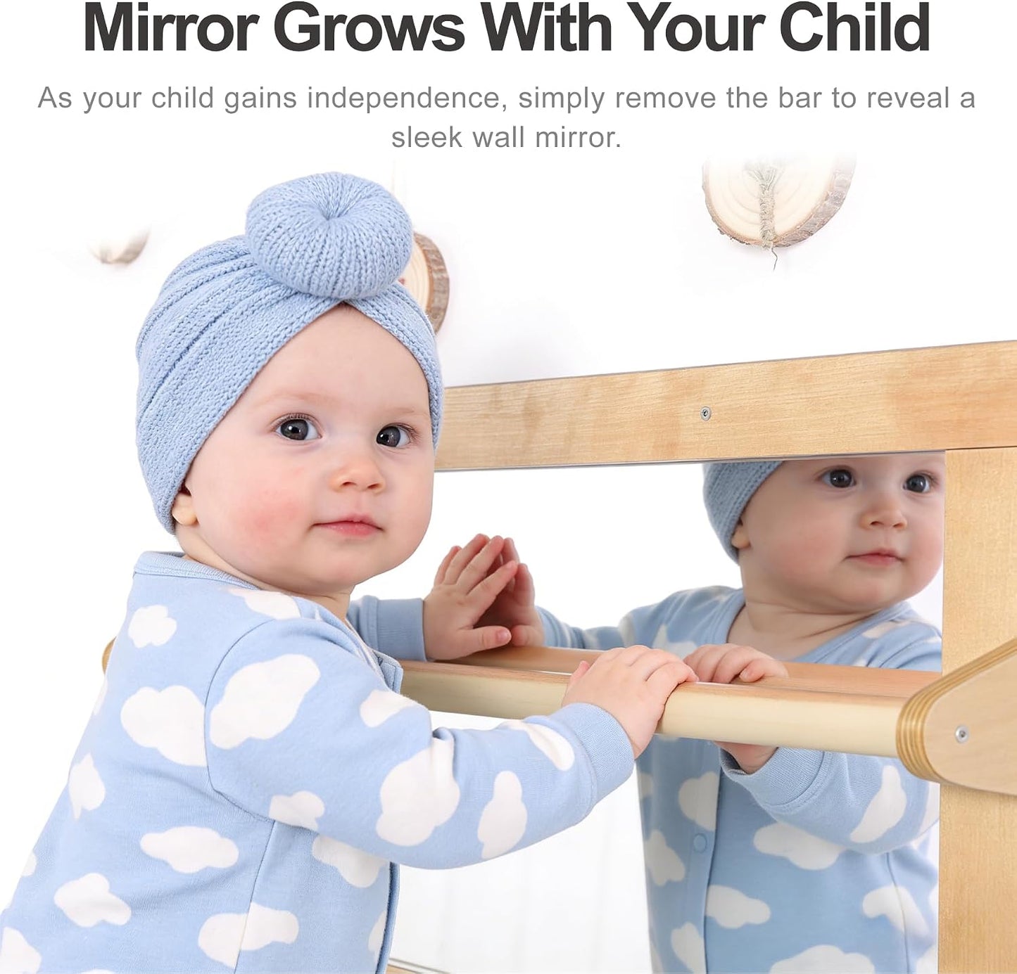 Baby Montessori Non-Shatter Sensory Safety Mirror w/ 2 Pull Up Bars | Exquisitely Crafted Solid Birch Wood Frame, Infant Coordination Small Mirror For 6-18 Months