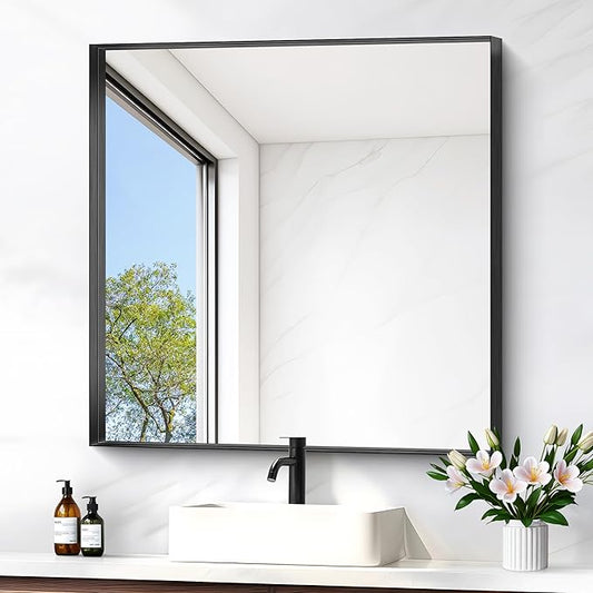 Black Bathroom Mirror, 30x30 Inch Rectangular Framed Mirror, Large Wall Mounted by Unknown