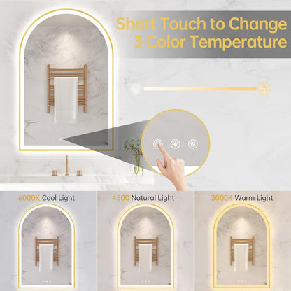 24"x36" Arched LED Lighted Bathroom Mirror with Lights | Gold Aluminum Frame, Fogless, Dimmable, Shatterproof, Touch Sensor, 3 Color Changing