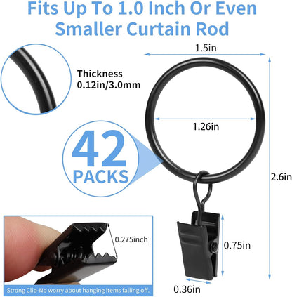 Curtain Rings with Clips, 42 Pack Metal Drapery Rings with Clips Hooks Hangers for Hanging Drapes Bows Hats, Drapes Rings 1.26 in Interior Diameter, Fits Up to 1 in Curtain Rod, Black