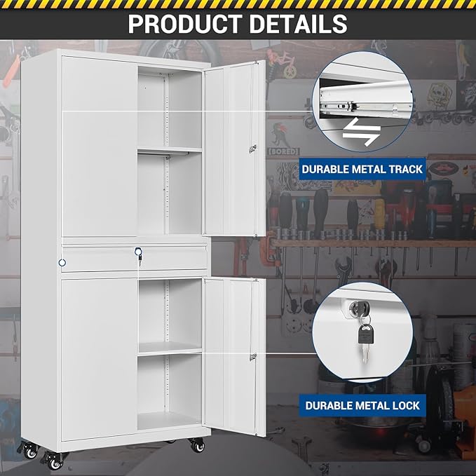 73" Metal Cabinet-White Heavy Duty Rolling Storage Cabinet Steel Tool Cabinets - Image 7