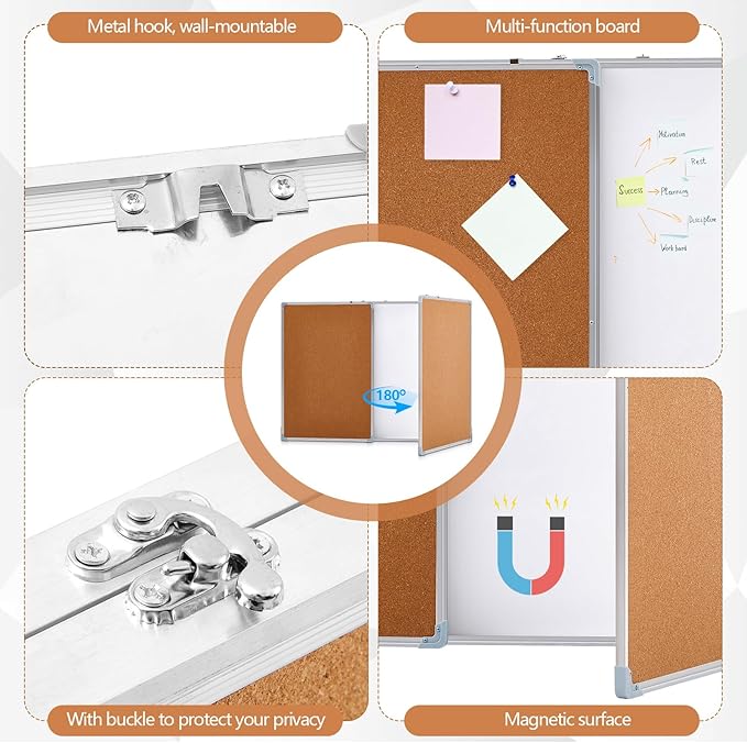 60"x40" Tri-fold Cork Board Whiteboard Combo, Foldable Combination Magnetic Dry - Image 3