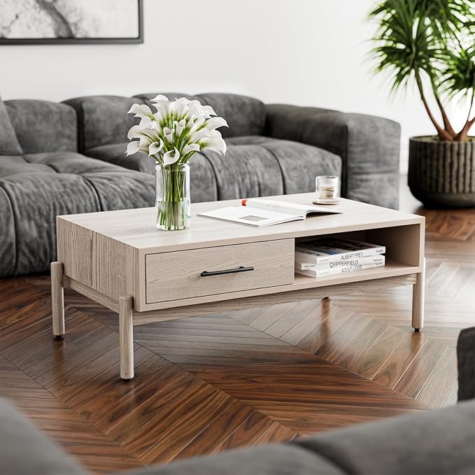 Bme Coffee Table for Living Room, Lyra Solid Wood Rectangle, Mid Century Modern by Bme