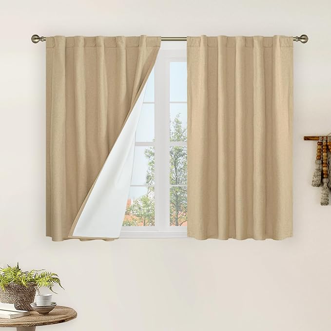 LAMIT 40 Inch Length 100% Blackout Linen Curtains, Linen Textured Thermal by LAMIT