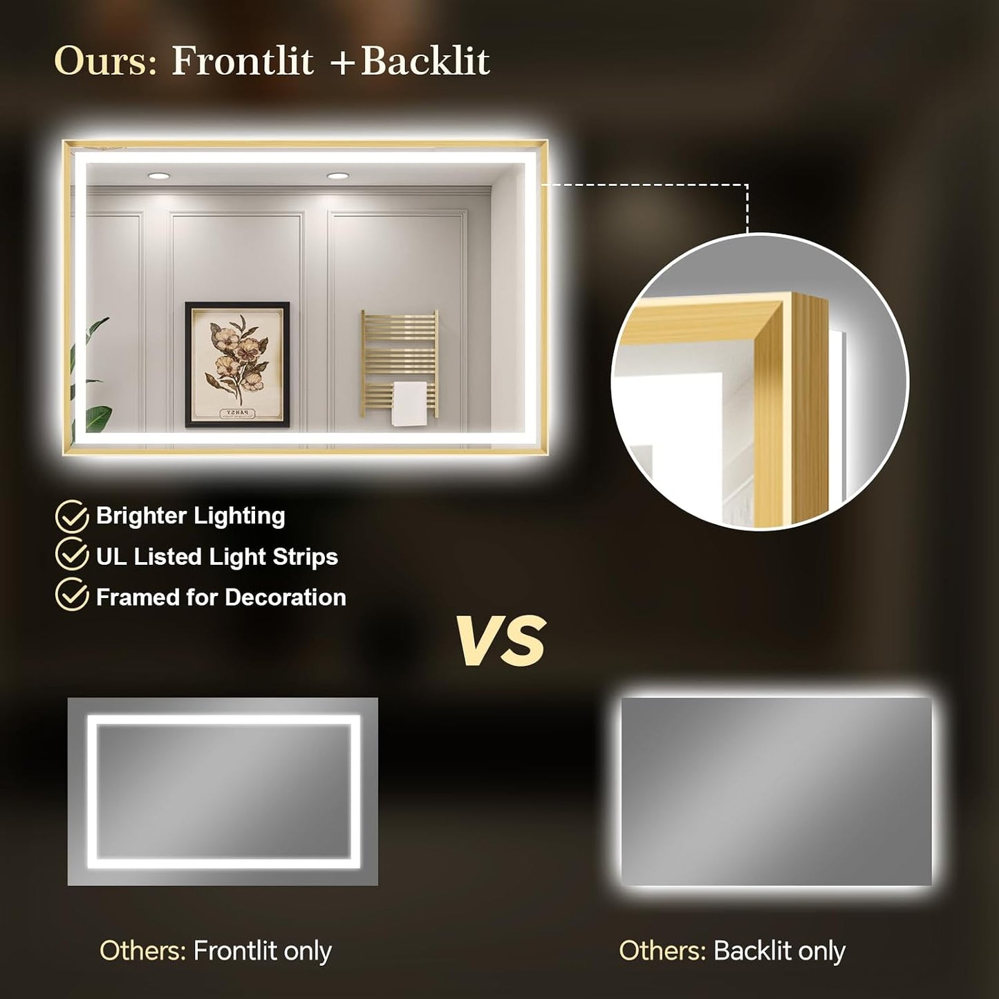 LED Bathroom Mirror 30"x36" Inch Brushed Gold Metal Frame Lighted Bathroom Vanity Mirror with Lights, Brighter Frontlit and Backlit Light up Anti Fog Mirror, 3-Color Dimmable, Memory Function