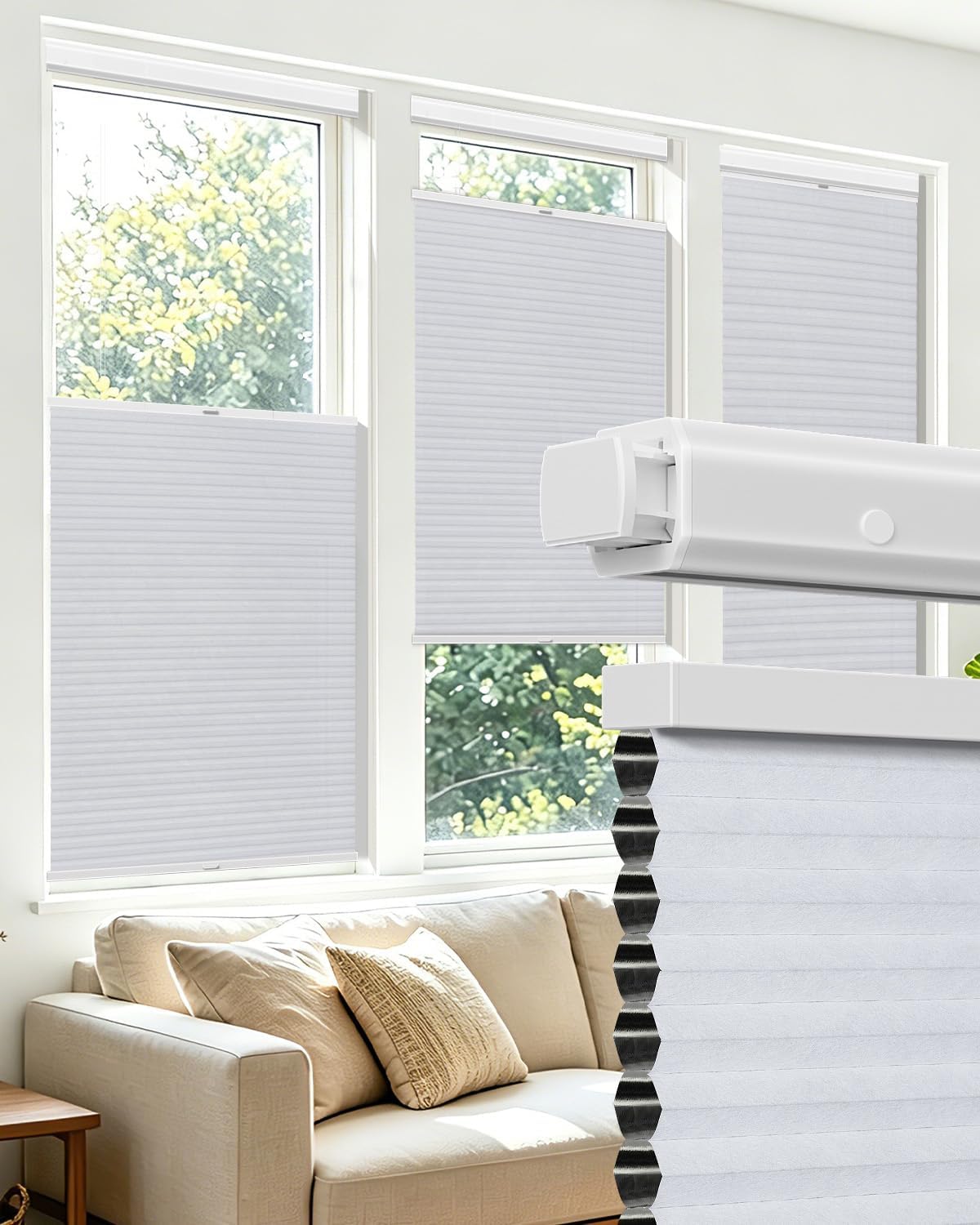 Allesin zen No Drill Top Down Bottom Up Cellular Shades,White,24" Wx36 H | TDBU Blackout Blinds for Indoor Windows,Cordless Honeycomb Shades for Home,Easy to Install Thermal Insulated