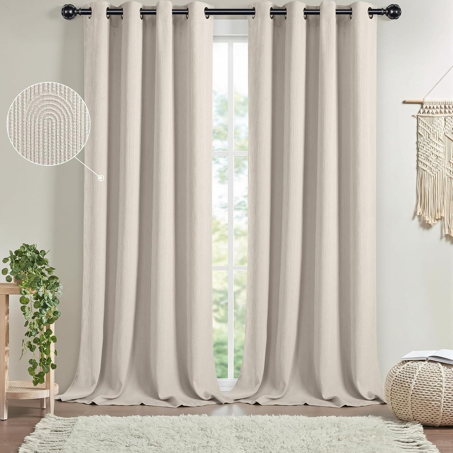 Beige Boho Blackout Curtains 2 Panels for Bedroom 52W*84L | Mid Century Modern Cotton Textured Patterned Drapes