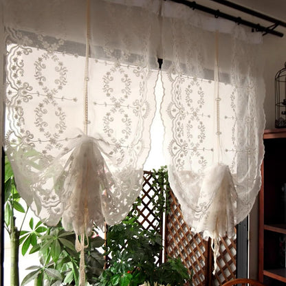 A.Monamour White Sheer Transparent Embroidered Voile Lace Balloon Curtain Window Roman Shades Window Treatment Tie Up Curtain Cottage Flowers Adjustable Tie Tieup, Rod Pocket/Pinch Pleat, 2 Pieces