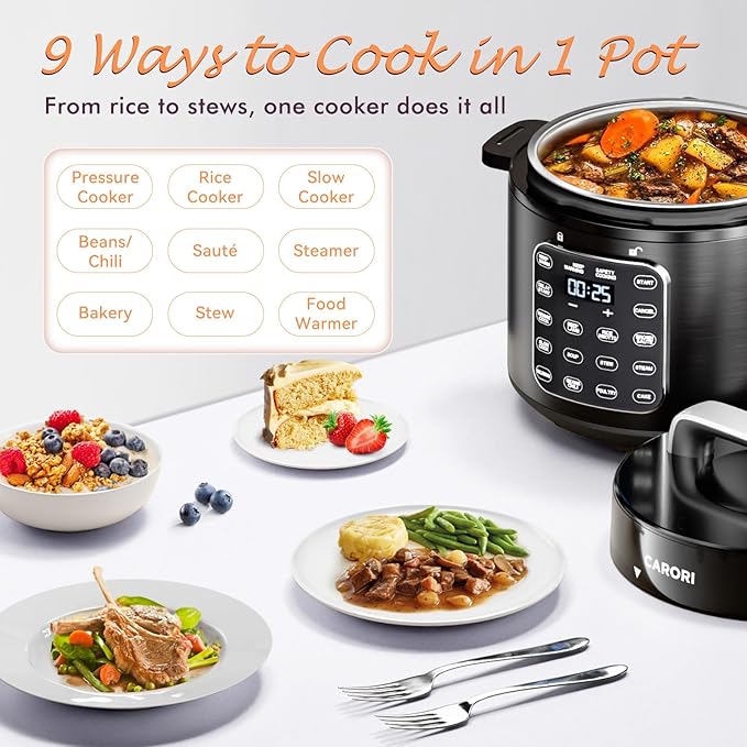 9-in-1 Electric Pressure Cooker 6 Quart Black, Stainless Steel Pot, 12 Preset - Image 2