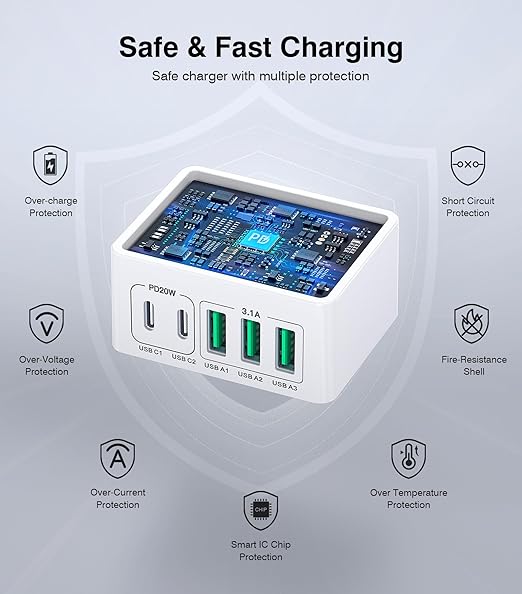 USB C Charger Block Thin Flat 50W 5-Port Wall Charger 2-Pack Type C Fast - Image 8