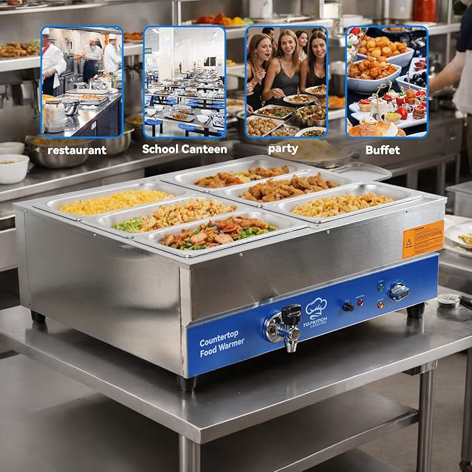 6 Pan Commercial Food Warmer, Electric Bain Marie Countertop Stainless Steel - Image 2