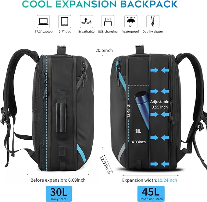 Travel Carry on Backpack, Extra Large Expandable 45L Backpack - Image 3