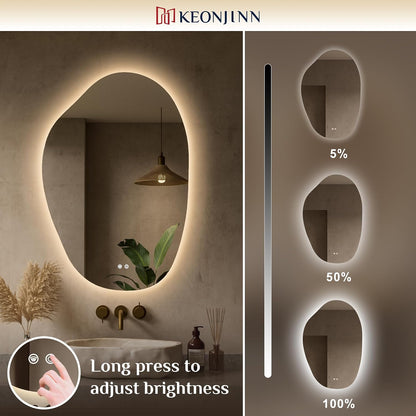 Keonjinn 24 x 36 Inch Irregular Bathroom Mirror with Lights, Tempered Glass | Asymmetrical Backlit Mirror, Stepless Dimmable with 3 Colors, Fast & Safe Defogging, Memory Function, Horizontal/Vertical