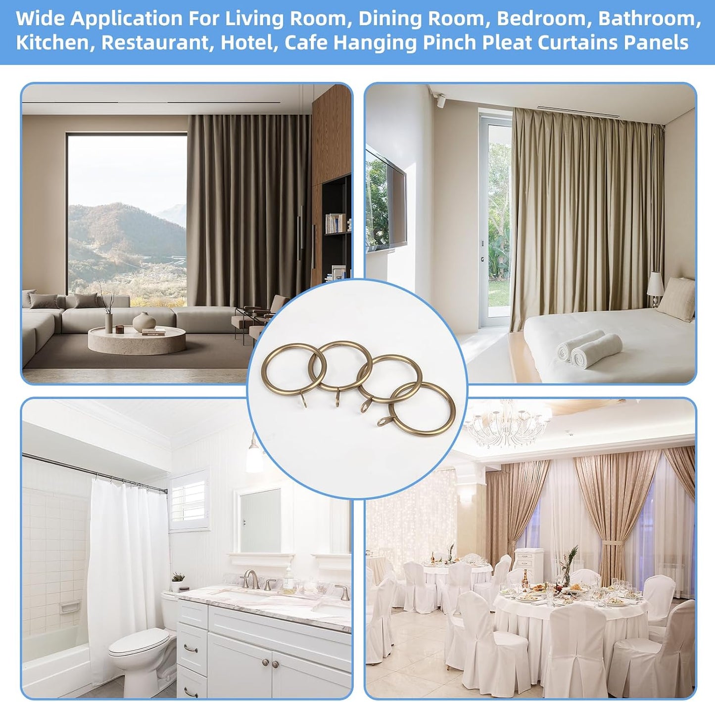 Curtain Rings with Flat Eyelets, 48 Pack Metal Drapery Rings Curtain Hanging Rings for Pinch Pleat Curtains Panels, 1.5 Inch I D, Drape Rings Fits Up to 1.2 in Curtains Rod, Warm Gold