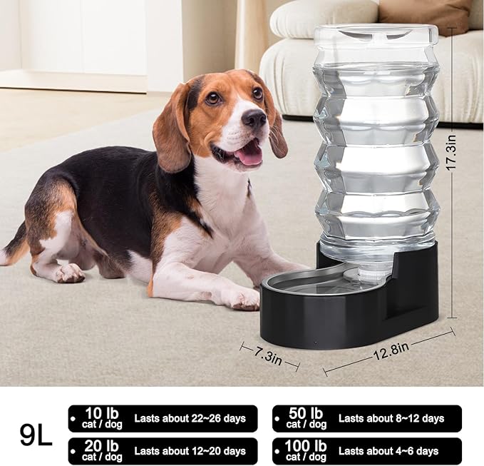 RIZZARI Large Dog Water Dispenser: 9L Black 304 Stainless Steel Gravity Feeder - Image 2