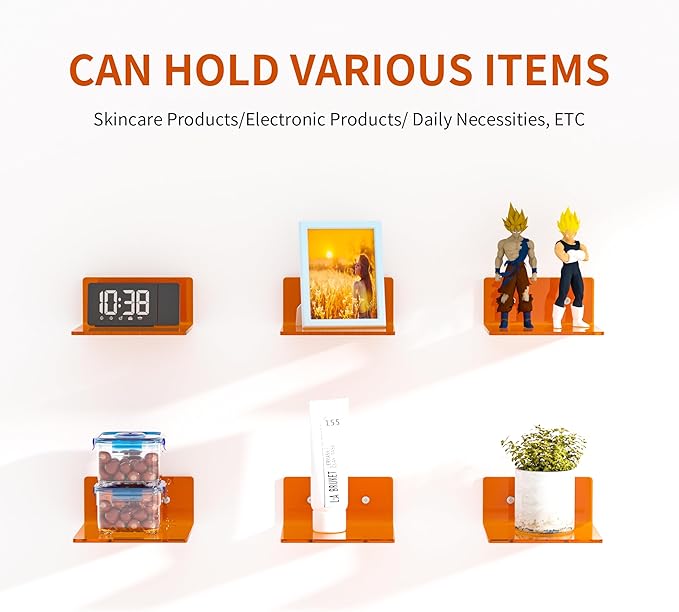 6 Inches Small Orange Wall Shelves Set of 2, Wall Mounted Display Shelf Rack - Image 4