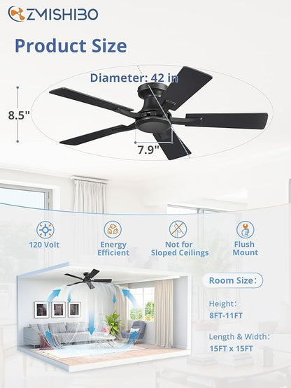 ZMISHIBO 42 Inch Ceiling Fan No Light, Flush Mount Low Profile, Modern Black - Image 4