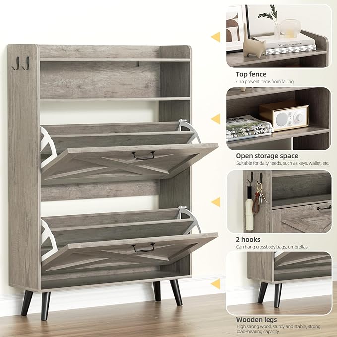 EOYUTLLY Shoe Cabinet with Bench, Shoe Organizer Cabinet with 2 Flip Drawers & - Image 4
