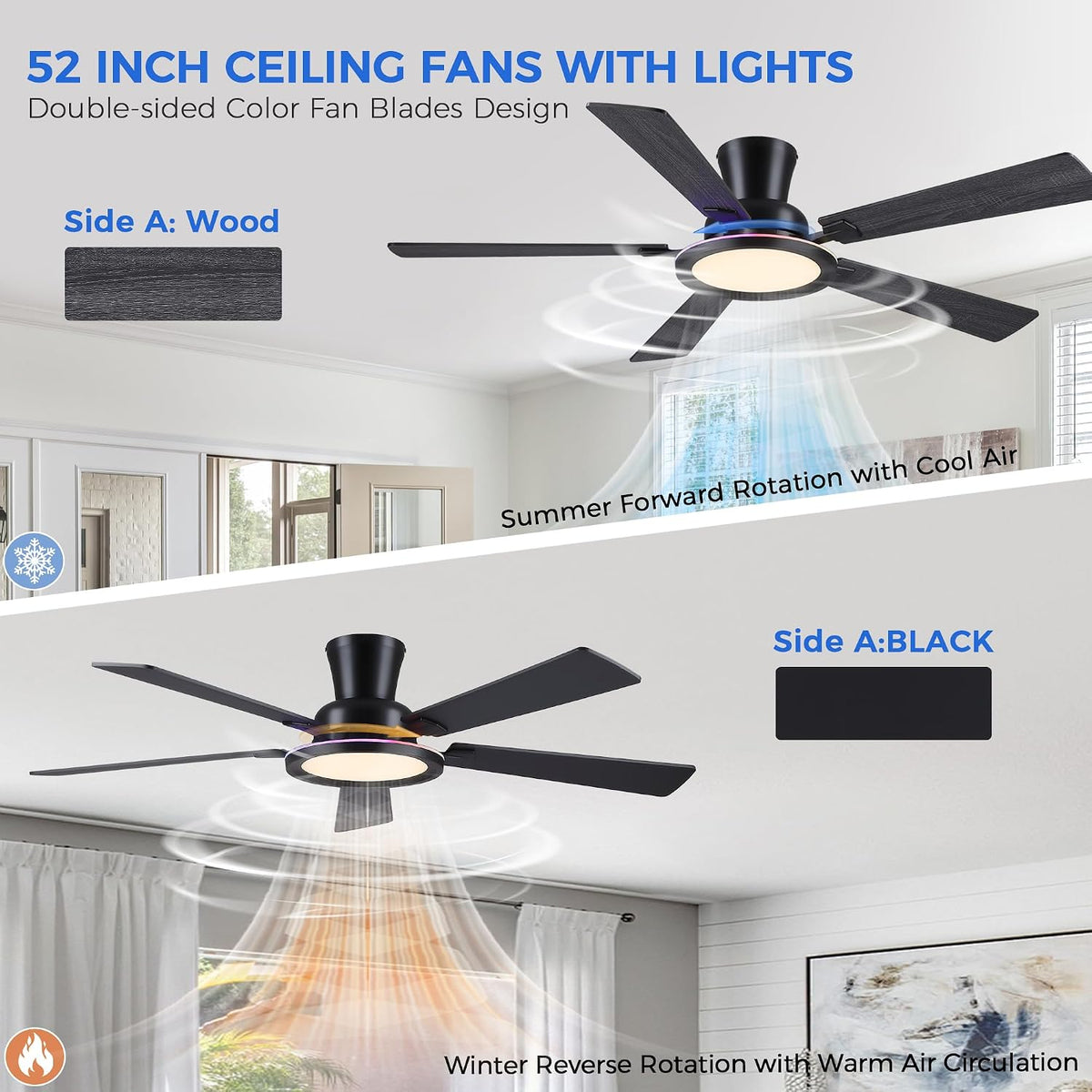 Ayaoty Ceiling Fans with Lights - 52in Flush Mount Ceiling Fan with RGB Dimma...