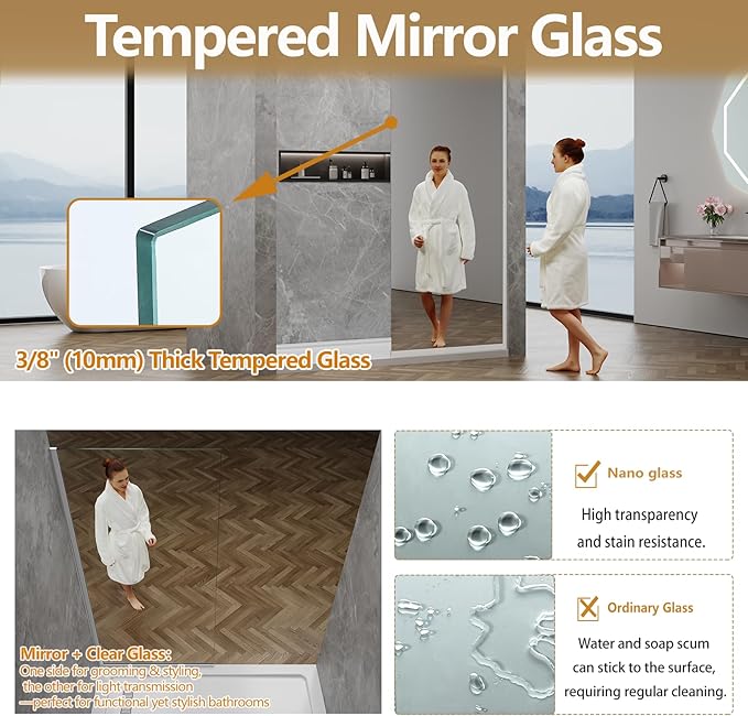 36"x76" Fixed Glass Shower Door, Single Mirror Privacy 3/8" Thick Tempered Glass - Image 5