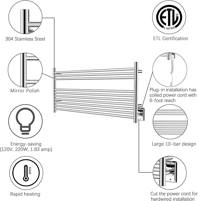 HEATGENE Towel Warmer 10 Bar Towel Dryer Wall-Mounted Plug-in Bath Towel Heater - Image 3
