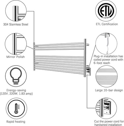 HEATGENE Towel Warmer 10 Bar Towel Dryer Wall-Mounted Plug-in Bath Towel Heater - Image 3