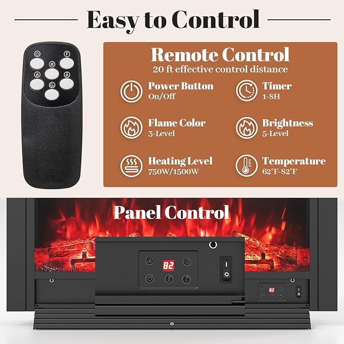 Giantex 33" Electric Fireplace Insert, Wall Recessed/Mounted, Freestanding - Image 7