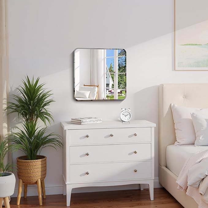 CILIBER Beveled Frameless Mirror, 18x18 Square Bathroom Mirror Rounded Corner - Image 7