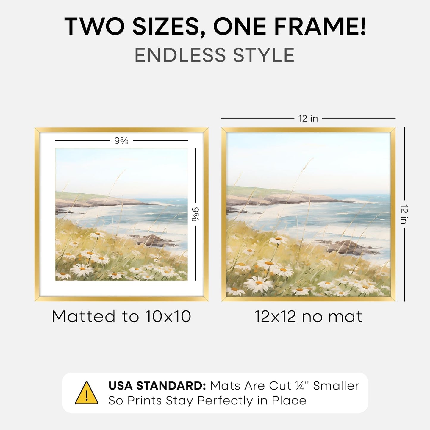 12x12 Gold Picture Frame, High-End Metal, 10x10 Mat, Glass | High End Aluminum, Tempered Glass, Acid-Free 10x10 Removable Mat, 12x12 in Edge-to-Edge Display 12x12, Wall Kit, Set Of 1