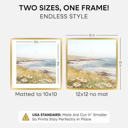 12x12 Gold Picture Frame, High-End Metal, 10x10 Mat, Glass | High End Aluminum, Tempered Glass, Acid-Free 10x10 Removable Mat, 12x12 in Edge-to-Edge Display 12x12, Wall Kit, Set Of 1