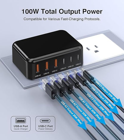 Fast Charger Block, GaN 6 Port USB C Charging Station Hub Cube, 100W Multiport - Image 5