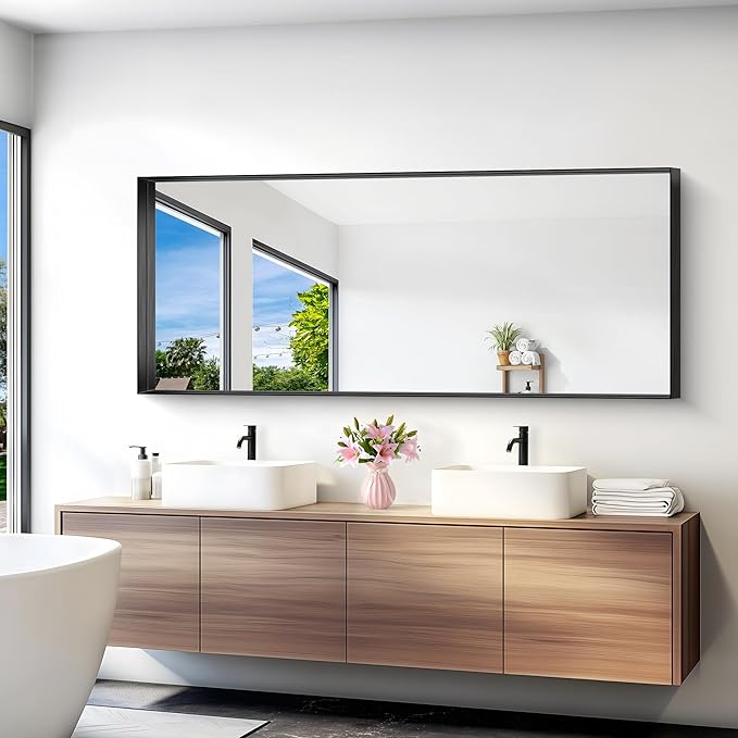 Black Bathroom Mirror, 72x30 Inch Rectangular Deep Frame Mirror, Large Wall - Image 2