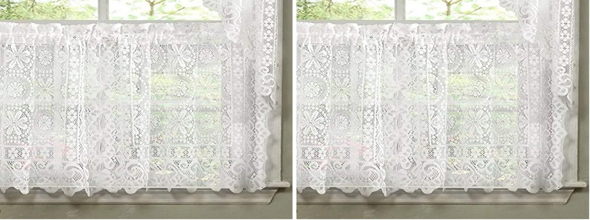 Sweet Home Collection Old World Style Floral Heavy Lace Kitchen Curtain, 24" Tier, Hopewell White (Pack of 2)