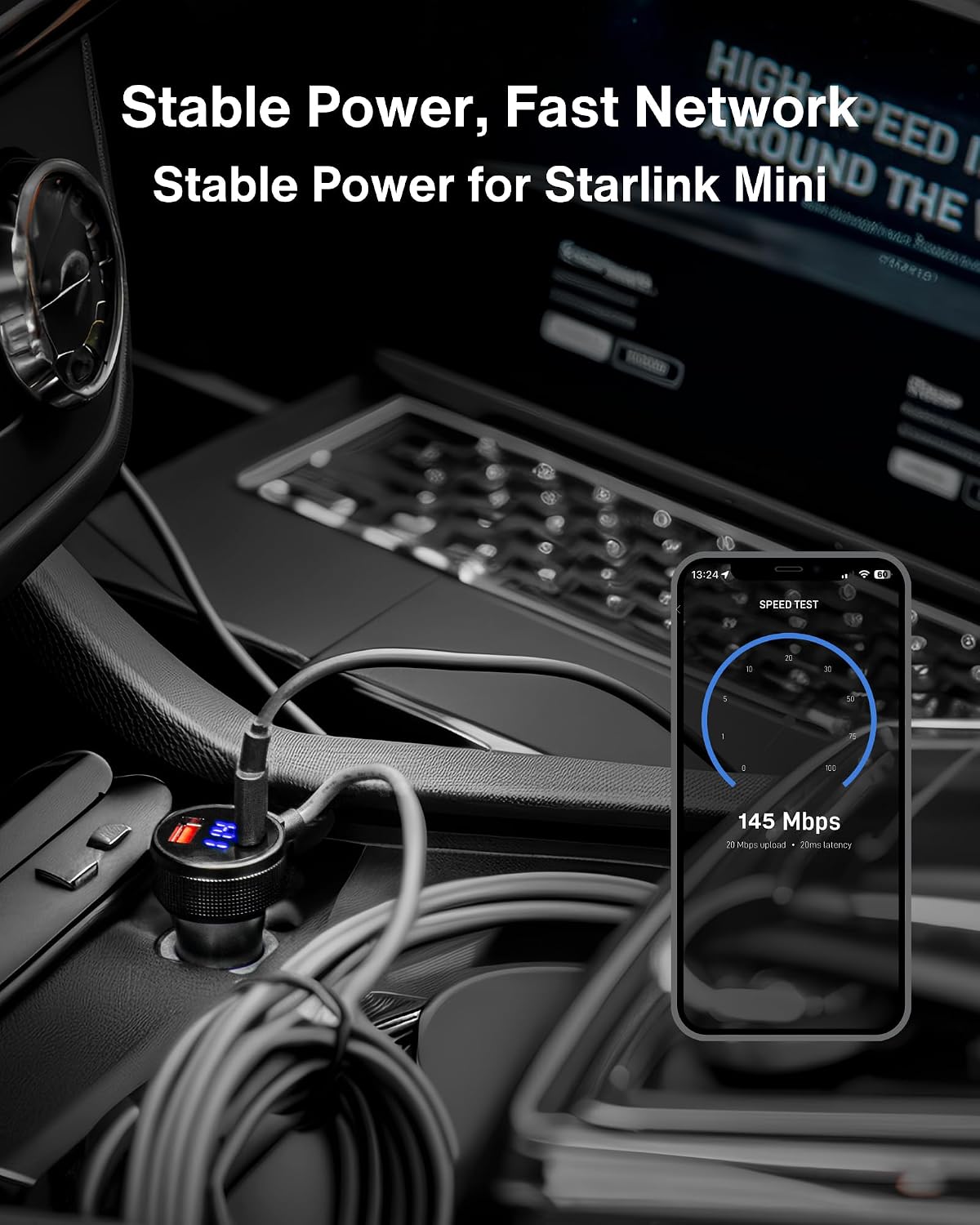 Car Charger Cable for Starlink Mini 16.5FT/5M with Display - 60W DC + 33W Dua...