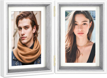 4x6 Double Hinged Picture Frame with Real Glass, PS06-GYX6 | Vertical display for 3x5 photos with mat or 4x6 without mat.Folding College Frame, for tabletop decor, gift for memories