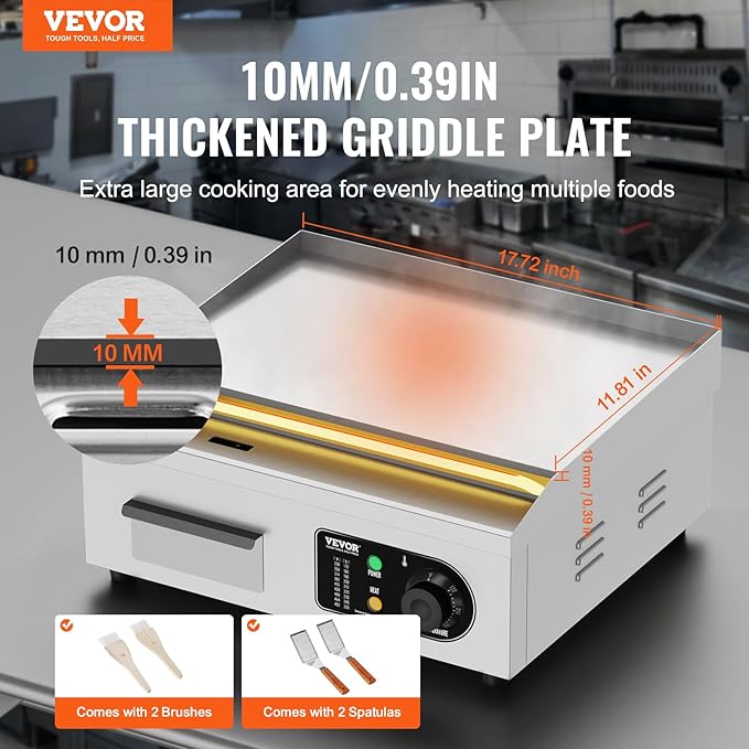 VEVOR Commercial Electric Griddle, 1700W Countertop Flat Top Grill, 18in - Image 2